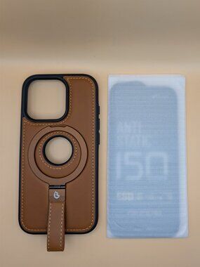 iPhone 16 Pro Leather Case with Stand Anti-Slip Grip Ring MagSafe-Brown
